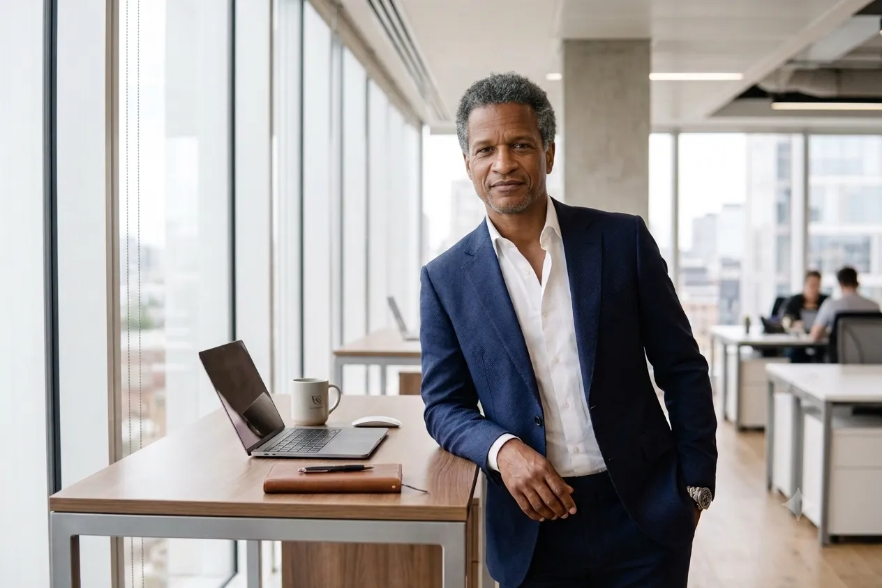 The founder of The Plumb, standing at a desk in a bright office